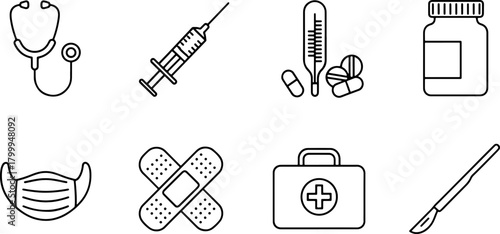 Essential medical outline icons for healthcare, first aid, and wellness promotions, reflecting modern medicine and patient care with vector precision