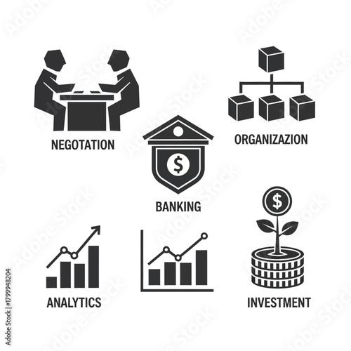 A collection of five business-related icons representing negotiation, banking, organization, analytics, and investment.