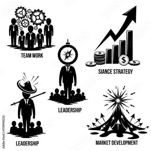 A set of black and white business icons representing teamwork, leadership, financial strategy, and market development.