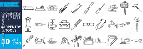 A comprehensive set of professional line icons depicting various carpentry, construction, and DIY tools for craft, building, and repair projects, ideal for web and print.