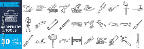 A comprehensive set of professional line icons depicting various carpentry, construction, and DIY tools for craft, building, and repair projects, ideal for web and print.