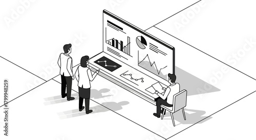 Illustration of three people looking at a large screen displaying charts and graphs, one person seated and taking notes.