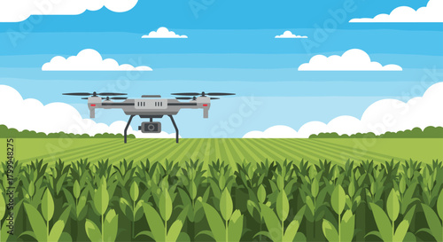 Modern drone surveys lush green agricultural field under bright blue sky with fluffy clouds, showcasing precision farming technology