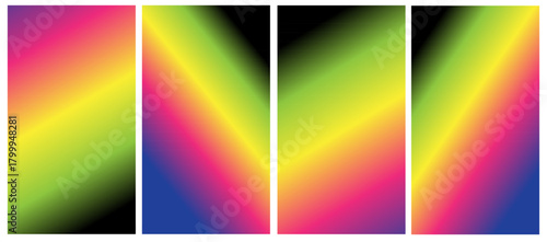 Vibrant gradient panels with diagonal light rays and dark backgrounds