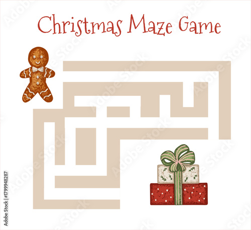 Maze game with Christmas gingerbread man and gift box