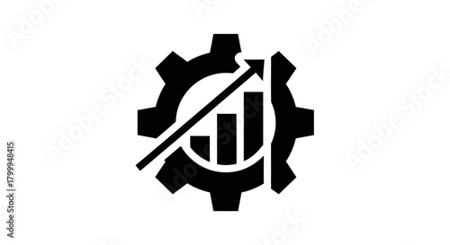 A black and white graphic icon representing business growth and efficiency with a gear and upward trending bar chart.