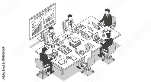 A team of professionals gathered around a conference table, actively engaged in a business meeting with data analysis displayed on a large screen.