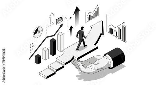 A businessman walks up a staircase of growth charts, supported by a helping hand, symbolizing career advancement and financial success.