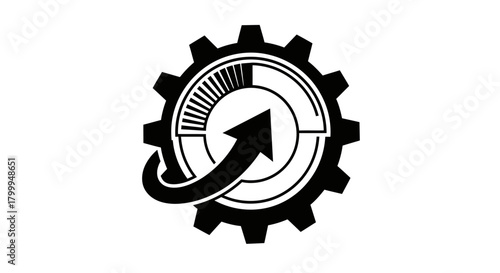 A black gear icon with an upward-curving arrow and a progress indicator, symbolizing development and efficiency.