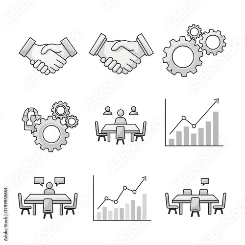 A set of monochrome business icons depicting partnership, process, meetings, and growth charts.