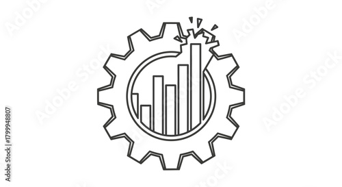 A black and white line art icon depicting a broken gear with a rising bar chart inside, symbolizing system failure or performance issues.