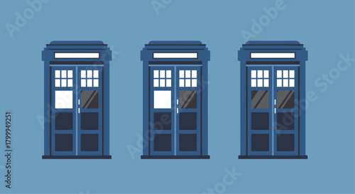 Three iconic blue British police call boxes stand in a minimalist, clean presentation against a soft blue background