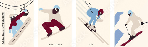 Vintage snowboarding and skiing winter season fun sport vector for banner or winter holiday promo. Perfect for seasonal design, winter vacation