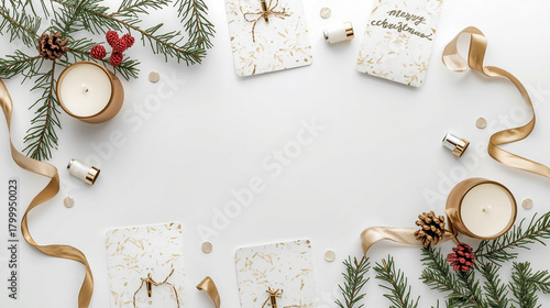 Minimal flat lay Christmas decor
Christmas flat lay with greeting cards, candles, and ribbon
