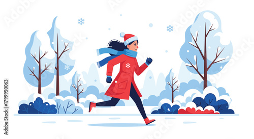 Vibrant woman joyfully running through a snowy winter park, embracing healthy outdoor activity and brisk fresh air
