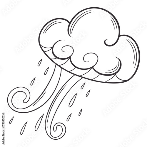 Cartoon cloud with a smiling face and blue raindrops falling down from the cloud illustration art style