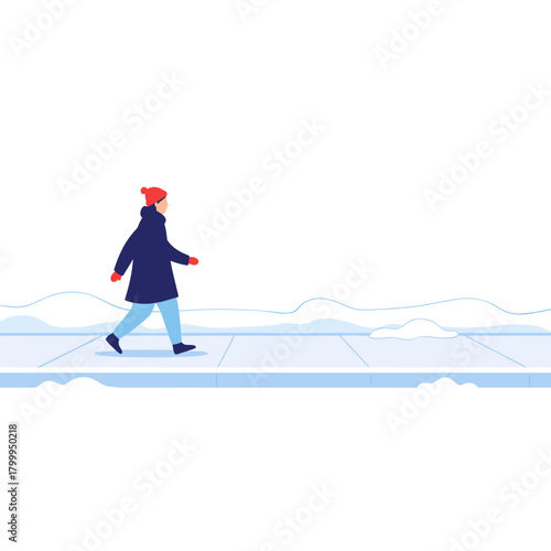 Person walking on snowy sidewalk in winter scenery  