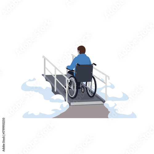 Man in wheelchair accessing cleared ramp during heavy snowfall  