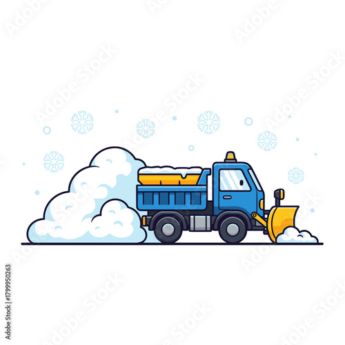 Snowplow clearing street in heavy snowfall with snowflakes falling  