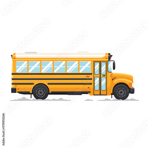 Yellow school bus parked on snowy street in winter season  