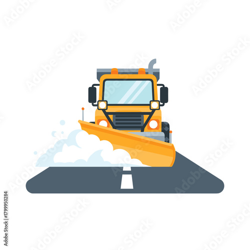 Snowplow clearing street in heavy snowfall with clean asphalt behind it  