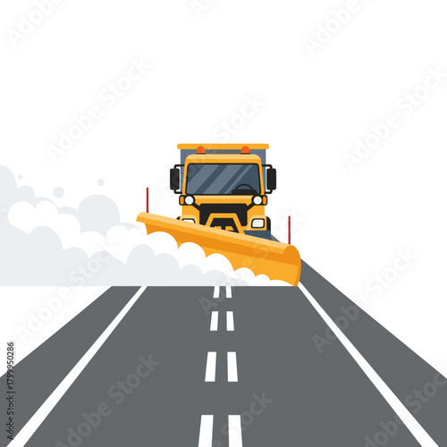 Snowplow clearing street in heavy snowfall on a winter road  