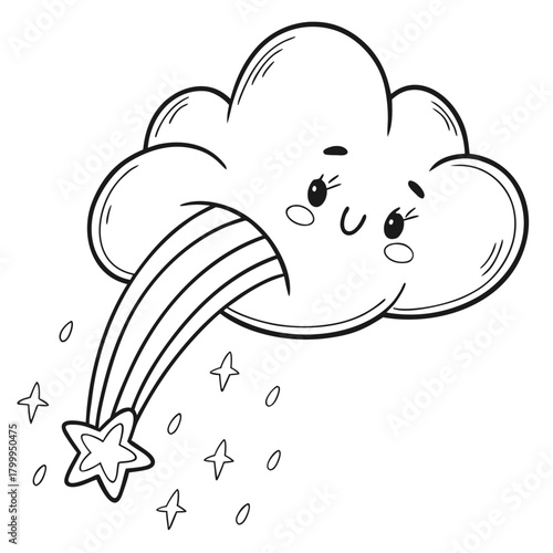 Cartoon cloud with a smiling face and blue raindrops falling down from the cloud illustration art style