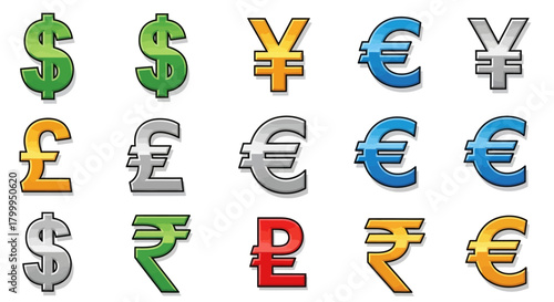 Currency symbols of various countries, including dollar, euro, yen, pound, rupee.