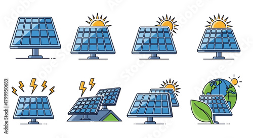 Set of solar panels in different designs, vector illustration.