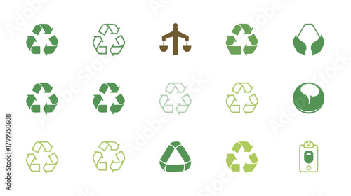 Collection of recycling symbols and environmental icons in various styles.