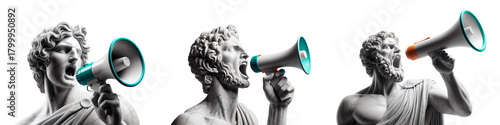 Greek ancient marble statues holding colorful megaphones and shouting