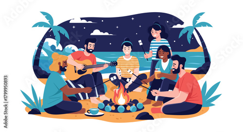 Joyful friends gather around a vibrant beach bonfire at night, sharing stories and roasting marshmallows under a starry sky