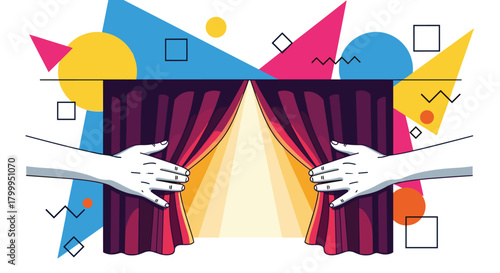 Unveil the future as hands open vibrant curtains revealing bright spotlight and dynamic abstract shapes