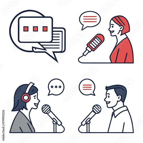 Collection of flat design icons for podcasting and audio recording, including microphones, headphones, sound waves, play button, download, share, and speaker symbols, perfect for digital media and