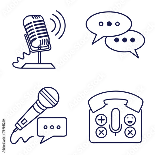 Collection of flat design icons for podcasting and audio recording, including microphones, headphones, sound waves, play button, download, share, and speaker symbols, perfect for digital media and