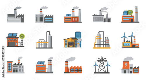 Diverse collection of modern industrial factories and power generation facilities showcasing energy production and manufacturing concepts