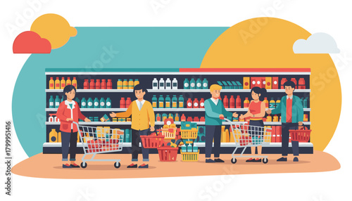Diverse shoppers happily browse supermarket aisles filled with products, selecting items for their carts and baskets