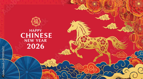 Happy chinese new year 2026 greeting card with a golden horse and traditional chinese elements like lanterns and clouds, celebrating the year of the horse with festive red and gold colors