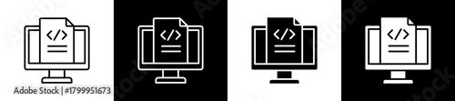 Programming icon variations in line and glyph style on black and white background