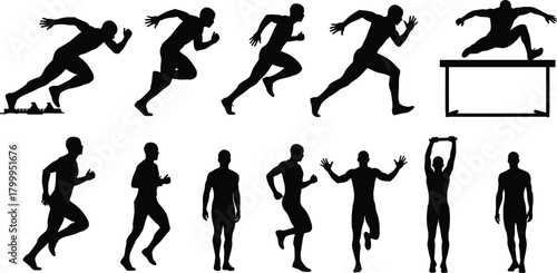 athlete, sprint, silhouette, posture, motion, hurdle, jump, jog, stretch, run, icon, track, walk, pose
