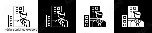 Corporation icon variations in line and glyph style on black and white background