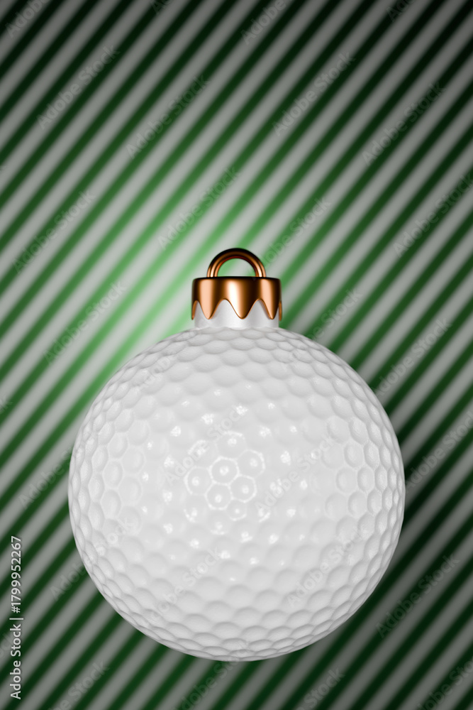 Fototapeta premium Christmas golf ornament on a green striped background. 3d rendering