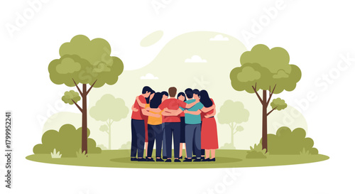 Diverse group of friends embracing in a park, symbolizing unity, connection, and shared joy amidst nature's beauty