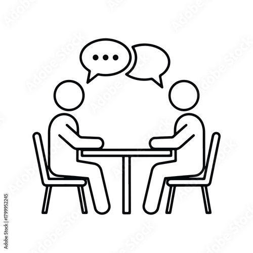 Two People Talking Icon at Table with Speech Bubbles