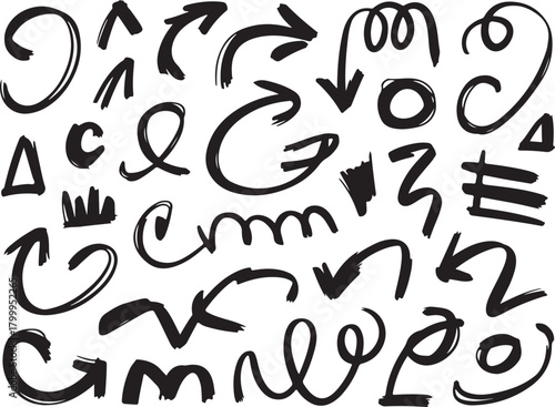 Highlight hand drawn oval frames, arrows, lines. Handdrawn marker underlines scribble doodle circle set. Ovals and ellipses line template. Stock vector illustration isolated on white background