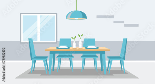Modern minimalist dining room setup with light wood table, aqua chairs, and simple decor, perfect for home or restaurant concepts