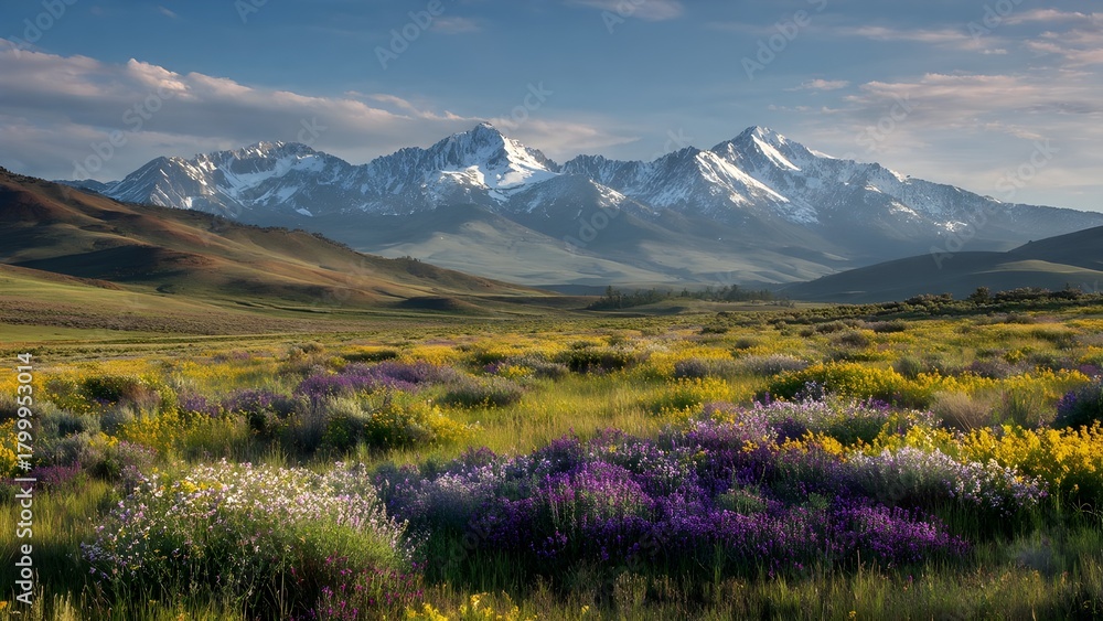 Fototapeta premium Rolling meadows filled with wildflowers, backed by snow-capped peaks glowing in the morning light 