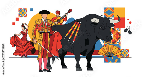 Vibrant Spanish bullfight scene with matador, flamenco dancer, guitarist, and iconic bull imagery captures cultural energy