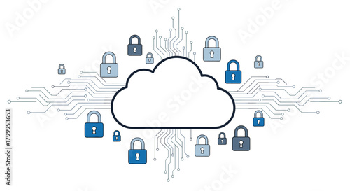 Secure cloud network protected by digital locks and circuit board pathways symbolizing cybersecurity and data safety