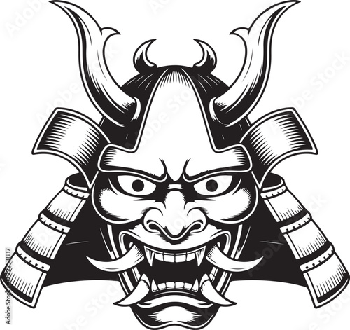 Black and white illustration of a fearsome samurai mask with horns and fangs oni mask Japanese mask